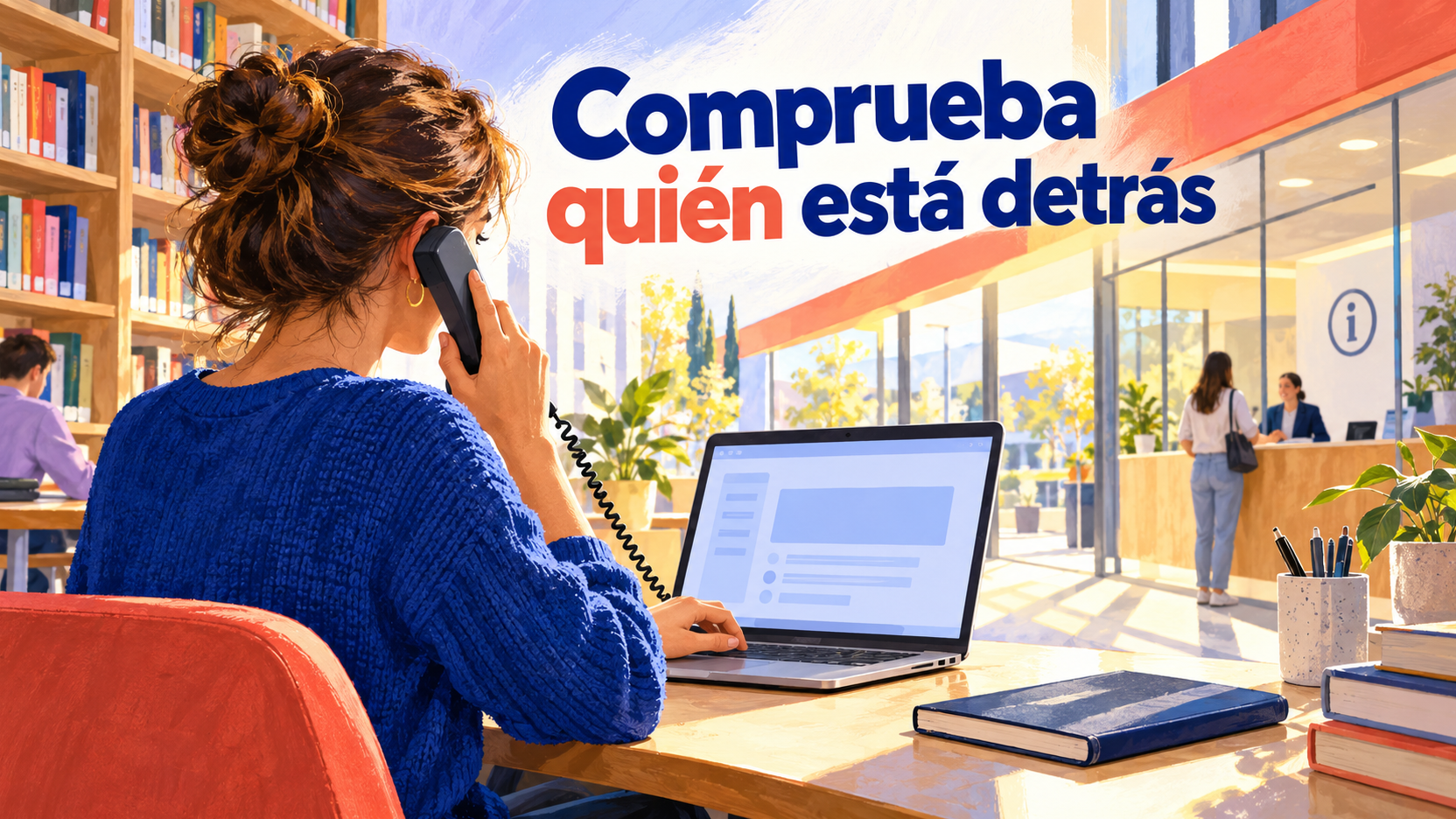 Una persona contrasta una propuesta con el contacto independiente de la organización; «Comprueba quién está detrás» recuerda que una marca conocida no acredita al interlocutor.