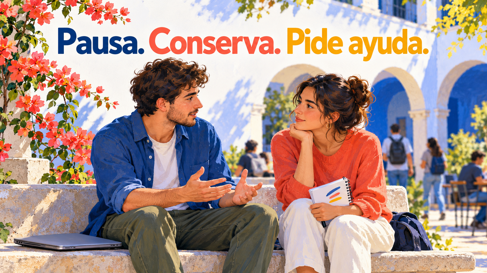 Una persona deja a un lado el dispositivo y conversa con una compañera mientras conserva una nota de lo ocurrido; «Pausa. Conserva. Pide ayuda.» resume una respuesta sin culpabilizar.