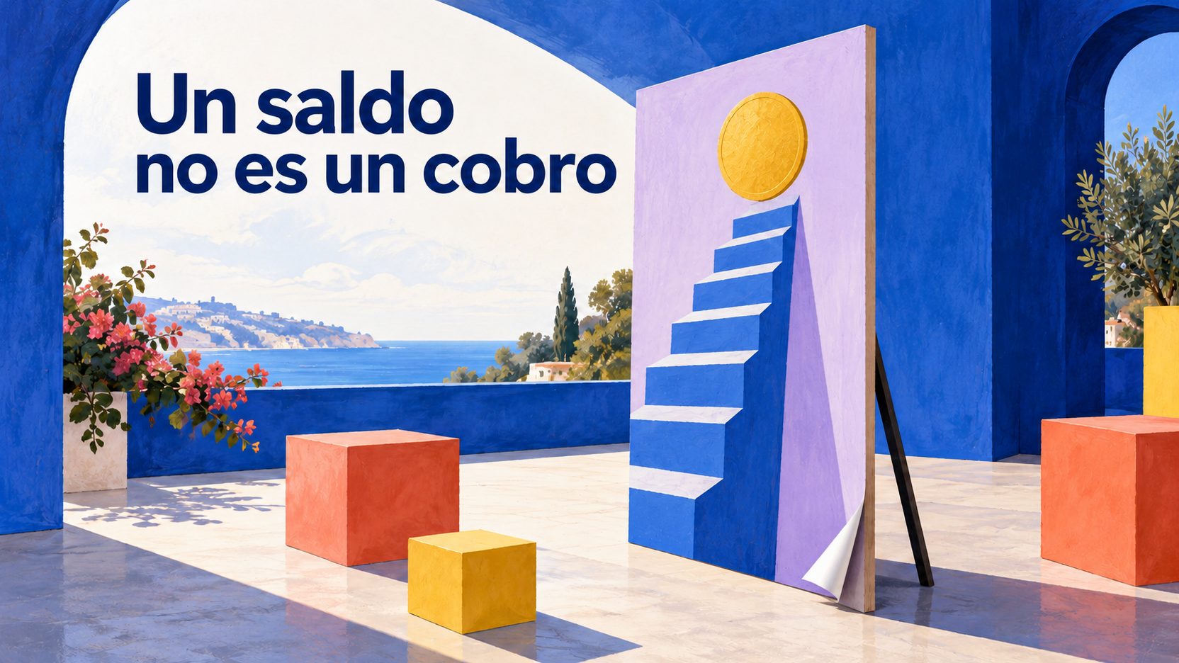 Una escalera pintada que parece subir se revela como una superficie plana, metáfora de las ganancias aparentes de una plataforma; texto «Un saldo no es un cobro».